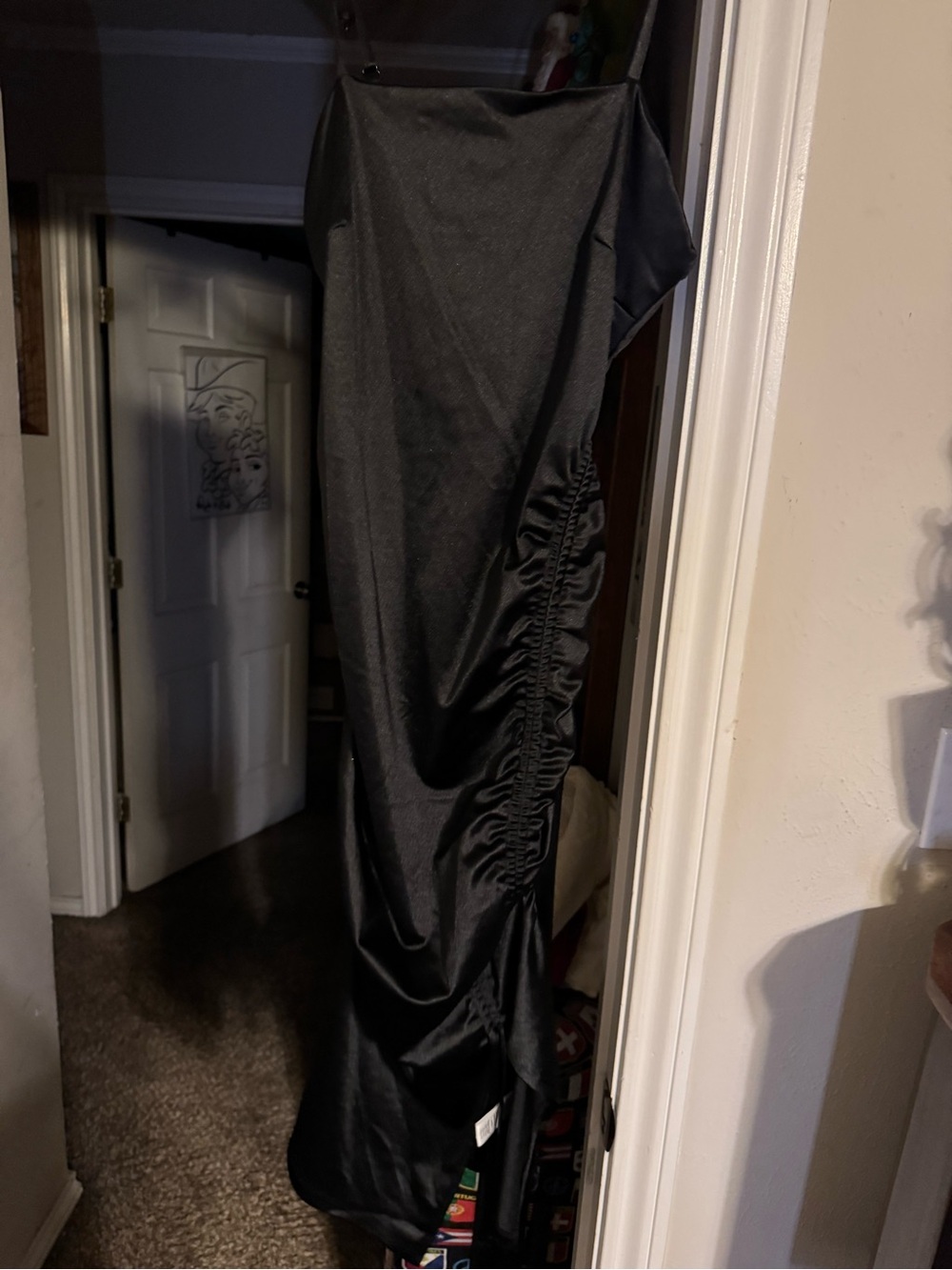 Elegant Black Satin Ruched-Side Midi Dress
